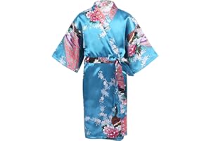 Choomomo Kids Girls Floral Peacock Silk Satin Kimono Robe Bathrobe Night Gown for Spa Party Bathing Suit Sleepwear
