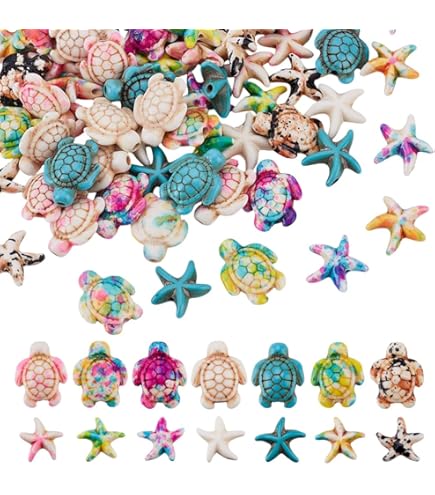 SUNNYCLUE 1 Doos 200Pcs Schildpad Kralen Zeester Kralen Bulk Blauw Wit Synthetische Turquoise Zee Oceaan Dier Kraal Schildpad Zomer Hawaii Losse Kralen Voor Sieraden Maken Kralen Kit Armbanden Levert