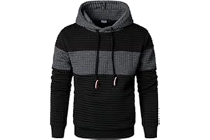 HOOD CREW Men’s Sweatshirts Long Sleeve Pullover Patchwork Plaid Jacquard Hoodie Casual Drawstring Hoody Top