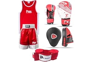 PRIME LEATHER Prime Sports Shop Ultimate Kids Boxing 4 Piece Student Uniform Set TOP/SHORT 3-14 Years + Focus Pad 1103 Kids Boxing Gloves 1004 4-OZ + Wrist Wrap For Protection SET-21