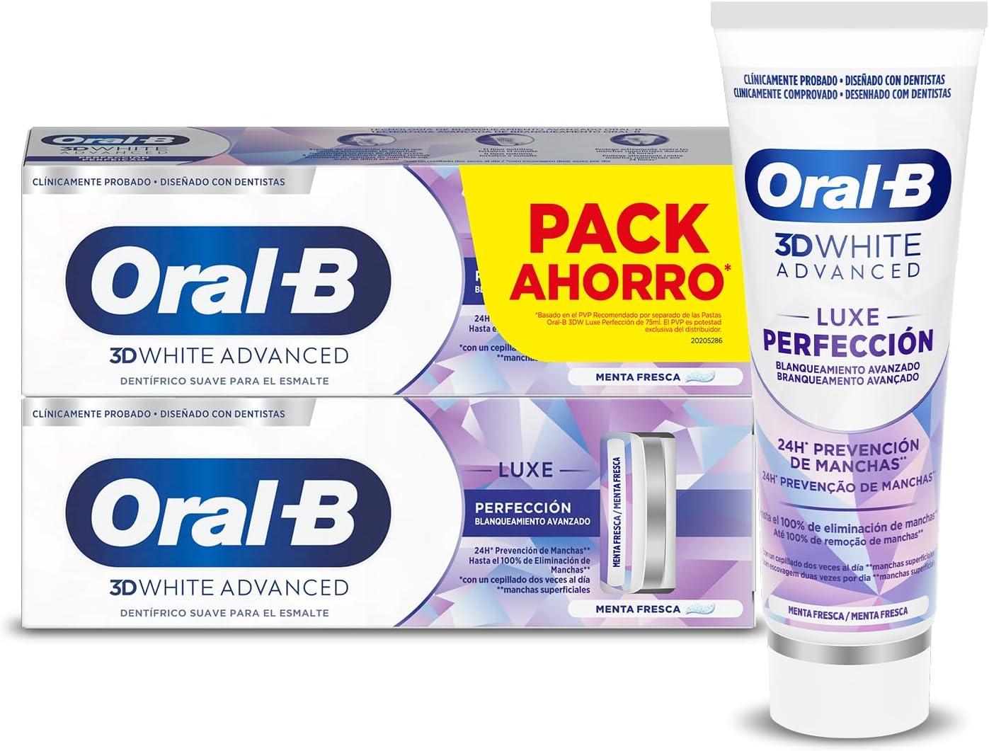 Oral-B 3D White Advanced Luxe Perfection Pasta de Dientes Blanqueadora, Pack 2x75 ml, Blanqueamiento Avanzado, Dentífrico con Flúor, Sabor a Hierbabuena Fresca