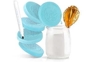 LA YOURTE AUX DESSERTS 30 Tapas Yogures Cristal Reutilizables Compatibles con las Yogurt Danone y Otras Marcas Comerciales de Diámetro 56 mm| Conformidad Contacto Alimentos UE | Hermético | BONUS - Marcador (Azul)