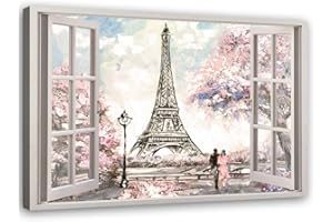 Feeby Impression sur Toile Tour Eiffel Tableau Moderne Fenetre Vue 3D Rose 60x40 cm