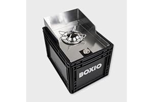BOXIO - Cook: fornello da campeggio tutto in uno in acciaio inox con spazio di archiviazione e protezione dal vento, cartucce di gas per campeggio, esterno, vanlife