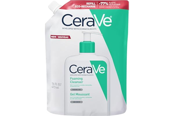 CeraVe Recambio de Gel Limpiador Espumoso, Para Piel Normal a Grasa, Elimina Exceso de Sebo, Enriquecido con Ceramidas Esenciales, Niacinamida y Ácido Hialurónico, Apto para Rostro y Cuerpo, 473 ml