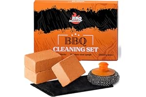 BBQ Moments Brosse Barbecue, Aacier Inoxydable Eponge Métallique Petite Brosse De Nettoyage & Bloc Grill - Griller Pierre Nettoyant Ponce 3 Pièces, Grattoir Barbecue & Serviette Compressée Set
