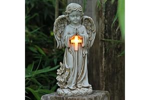 Tuzsocr Statue du Jardin des Anges,Ange Priant Solaire,Figurine Ange Gardien avec Croix LED,Sculpture Tombe,Auto-on,Gel,aux intempéries,pour Terrasse,Pelouse,Cour,Pendaison de crémaillère,Funèbre