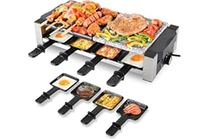 ‎CLEVICH Raclette Grill,Raclette 8 Personen,1200W Grillplatte Tischgrill mit 8 Pfännchen,Stahl Korean BBQ Grill mit 2 in 1 Reversible Non-stick Plate & Natural Grill Stone,Stufenloses Thermostat,für Partys