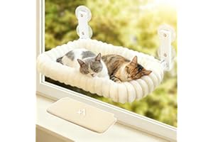 DOLLGIFT Cat Window Perch Foldable with Two Covers 60x30cm Large, Cat Window Bed Hammock Cordless Indoor with Soft Plush Cushio Machine Washable, Holds Up to 18kg, Beige