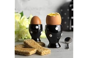 City to Cottage | Set de Deux coquetiers | Noir à Pois Blancs en céramique Fait et Peint à la Main | Oeufs durs, à la Coque
