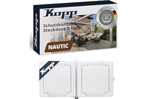 Kopp NAUTIC 2-fach Schutzkontakt-Steckdose mit Klappdeckel in Arktis-Weiß - Sichere Aufputz-Steckdose mit erhöhtem Berührungsschutz - Waagrechter IP44 Feuchtraumsteckdosen-Aufputz 16A / 250V~