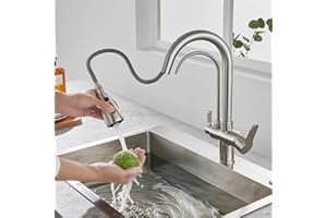 KINKIBOS 3 Ways Kitchen Tap, 3-in-1 Mixer Tap for Water Filter, 360° Rotating Kitchen Tap, Extendable Kitchen Tap with Spray Head, Drinking Water Tap with 2 Levers, Brushed Nickel
