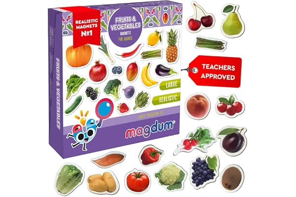 Aimants pour réfrigérateur pour tout-petits – Magdum 50 FRUITS & BAIES & LÉGUMES – Aimants pour frigo – Grands aimants réalistes pour enfants – Set de jouet d’apprentissage – Cadeau éducatif pour bébé