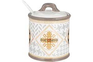 Baroni Home Zuccheriera Decorata in Ceramica con Coperchio e Cucchiaio Incluso, Accessorio da Cucina Colorato Resistente, Linea Domus, 8x8x10 cm