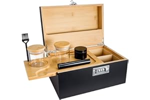 GENERIC Bamboo Storage Box with Removable Divider Smell Proof Box with Combination Lock Bamboo Bathroom Storage Shelf for Jewelry, Tea, Spices, or Valuables - Includes Accessory Trays(Black)