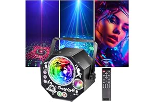 FWIULL 4 in 1 Discolicht Partylicht mit Fernbedienung, 75 Muster Effekte, RGB, UV, Strobe LED Sound Control, Musikgesteuert Discolicht, DJ Partylicht Discokugel für Party Fest Klub Halloween Weihnachten