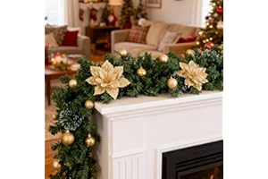 SHJOEE 2,7m Guirnalda Navidad, 5M 50LEDs Guirnaldas Navideñas con Luces, Dorado Flores y Bolas, decoración navideña para Puertas, Ventanas, chimeneas, escaleras, Patio, Interior y Exterior