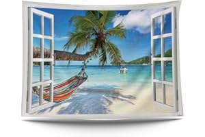 Ulticool – Vista Playa Mar Palmeras Hamaca - Póster de Tapiz - 200 x 150 cm - Póster de Jardín - Tapiz Grande - Accesorio Decoración para Jardín y Salón