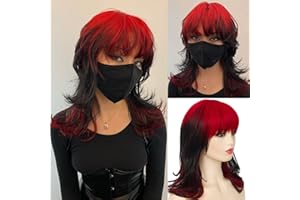 Baruisi Red Black Wigs for Women Shoulder Length Layered Shaggy Wig with Bangs Synthetic Halloween Cosplay Wig