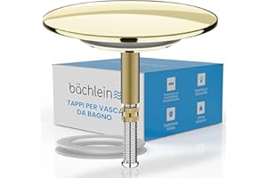 Bächlein Bouchon de Baignoire Universel - Bouchon d'Évacuation Doré en Laiton Massif avec Joint de Rechange, Parfaitement Adapté pour Toute Baignoire avec Trou dans l'Écoulement > 8mm
