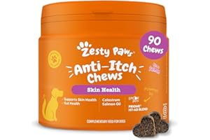 Zesty Paws Alivio para Pieles sensibles y con picazón | Hipoalergénico para alergias en Perros | contra picazón y lamidos excesivos | Rico en Salmón con Omega 3 | 90 Piezas
