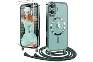 Ethanger Handyband für iPhone 16 Hülle mit Band + 2 Stück Glas Schutzfolie Transparent Silikon Handyhülle Magnetische Schutzhülle Case zum Umhängen Kordel für iPhone 16 Grün