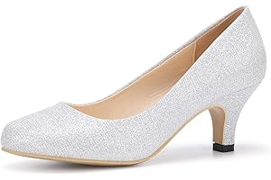 POOREVILL Women's Court Shoes Kitten Heels Wide Bridal Work Office Wedding Party Low Heel Pump Slip On Shoes