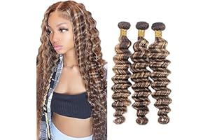 Hxxcoup Deep Wave Bundles Human Hair Bundles Natural Blonde Bundles Long Cabello Natural Humano Cabello Humano Procesar Cabello Humano Virgen Brasileño 3 Paquetes Remy Hair 26 28 30 Inch