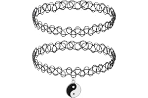 LUSOFIE 2 Pieces Tattoo Chain 90s Retro Women's Black Choker with Pendant Classic Gothic Punk Choker for Women Retro Halloween Carnival Party Costume Accessories, Stainless Steel