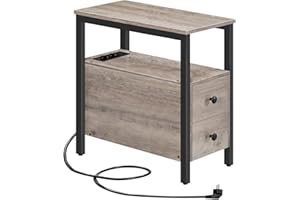 ‎HOOBRO HOOBRO Beistelltisch mit Ladestation, Sofatisch mit 2 Schubladen und USB-Anschluss und Steckdose, Nachttisch für kleine Räume, Stabil und Robust, für Wohnzimmer, Schlafzimmer, Greige EBG542BZ01