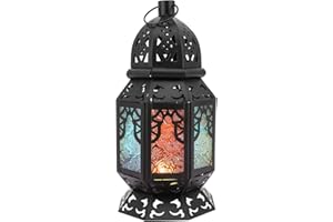 Lewondr Porta Candela Marocchina in Ferro con Schermata in Vetro Multicolori, Dim 12,6 x 12,5 x 26 cm, Illuminazione Giardino, Lampada Parete Ramadan per Giardino, Balcone - Nero