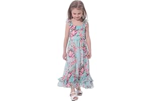 BONNY BILLY Vestido Niña Verano Casual Playa Boho Largo Estampado Floral Gasa Sin Mangas con Volantes