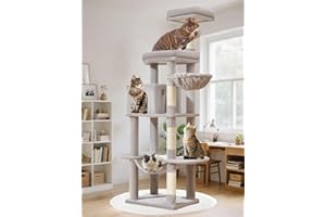 Taoqimiao Tiragraffi per Gatti, 168cm Stabile Tiragraffi per Gatti Adulti xxl con Accogliente Grotte, Amaca, Piattaforma extra Large, cestino Sospeso, 4 Pali Graffiatoi, Grigio Chiaro MS042W
