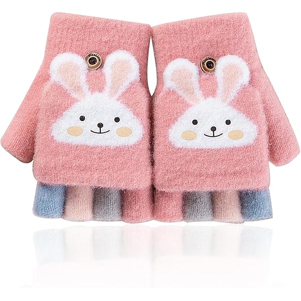 2 stuks vingerloze cartoonhandschoenen voor kinderen, omvormbare flipwanten, flip-gebreide handschoenen, winterhandschoenen voor jongens en meisjes (beige, roze