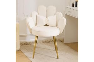 TactFire Fauteuil Salon, Chaise Coiffeuse, Dossier en Forme de Pétale, Fauteuil Chambre avec Coussin, Pieds en Métal (Blanc)