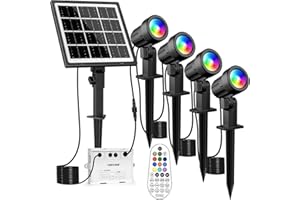 MEIKEE Luces Solares Led Exterior Jardin 4 en 1 Focos Led RGB Exterior Jardín IP66 Impermeable Control Remoto Temporizador 10 Colores 30 Modos Cambio de Color 2 Nivels de Brillo para Árboles Césped