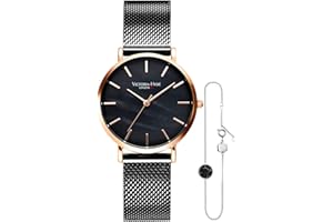 VICTORIA HYDE Femmes Quartz Montre Et Bracelet Set Bande de Maille d'acier Inoxydable/Bracelet en Cuir