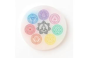 ONLY FAITH Placa redonda de Selenita Natural, 10 cm, Disco de carga circular cristal con Grabados Místicos, para Meditación y Energía, Nudo de Bruja, 7 Chakras, Flor de la Vida, Mandalas (7 Chakras 7 Simbolos)