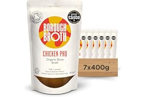 Chicken Pho Bone Broth by Borough Broth - 100% Organic Aromatic Broth - Slow Cooked - High in Protein - 52 Cal per Pack - Delivered Chilled - 7 x 400g
