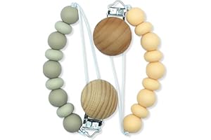 SILICOMAN - Chupetero Silicona - Cadena Chupete Bebe - Sujeta Chupete - Cadena Chupete Bebe - Pack 2 Chupeteros Bebe con Clip de Madera - Cuelga Chupetes Bebe sin BPA (Simple Beige + Naranja)