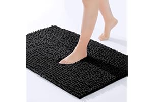Hafaa Bath Mat Non Slip Anti Mould – Black Chenille Bathroom Mat 40 x 60 cm Machine Washable Bath mats Super Absorbent Extra Soft Fluffy Shower mat