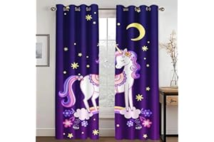 WEQEER Rideaux opaques - Rideau occultant - Motif licorne - Dessin animé - Cheval rose - Rideau de fenêtre pour chambre d'enfant - Motif arc-en-ciel - Nuages - 7,183 x 160 cm (2 x 91 x 160 cm)
