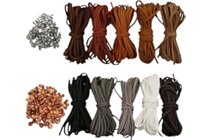 JENICH 3mm x 5m Cordón de Cuero Cuerda Cuero Cordón de Ante Cuerda de Cuero para Pulsera Collar Llavero Fabricación de Bisutería DIY Artesanía Manualidades 100 Cierres 100 Abalorios de Madera(10 Colores)