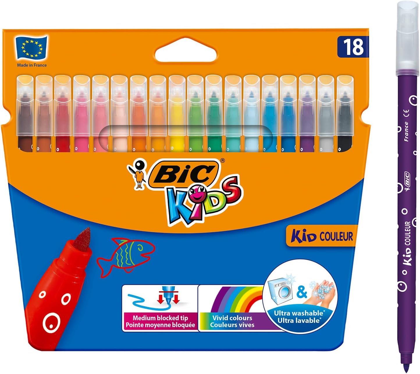 BIC Kids Kid Couleur Feutres de Coloriage à Pointe Moyenne - Couleurs Assorties, Etui Carton de 18