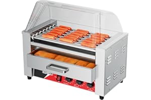 CROSSON Macchina Hot Dog Professionale 2 in 1,Rullo Elettrico per Hot Dog in Acciaio Inox 1350W con 7 Rulli,con Scalda Pane,con Copertura Antipolvere Trasparente,Controllo Dual Temp