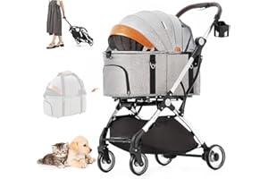 NASTARKI Passeggini Cane 2in1 Passeggino per Cani 15 Kg Pieghevole Carrello per Animali con Copertura Antipioggia Box per Trasporto Cani con Cesto Portaoggetti e Portabicchieri (Grigio)