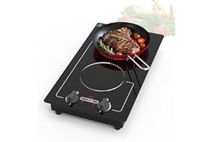 VBGK Double Induction Hob, 3000W 220V Plug in 2 Ring Induction Hobwith Knob Controls, 9 Power Levels, 99-Minute Timer, Child Lock and LED Touch Screen, Built-in Portable Induction Cooker, Black