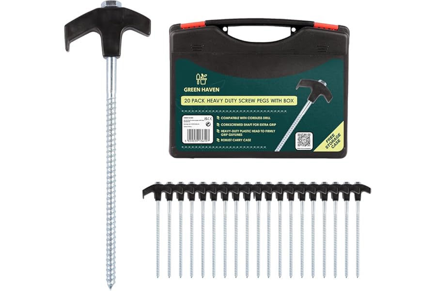 Green Haven Screw Tent Pegs - 20 Pack Heavy Duty Galvanized with Storage Box – Rustproof, Ultimate Strength for Hard Ground, Camping, Tents, Gazebos