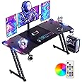 DLONGONE 160 x 60cm RGB Gaming Desk, Large Gaming Table for Laptop, Home Office Desk with Carbon Fiber Coated, Gaming PC Desk with Headphone Hook and Cup Holder, Easy to Assemble, Black