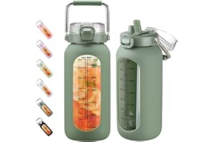 BLUEGO 2000ml Gourde en Verre avec Poignée en Inox et Marqueur de Temps Verre de Motivation 2L avec Manchon en Silicone et Paille pour Gym Office Extérieur Sport Bouteilles d'eau Sans BPA, Olive